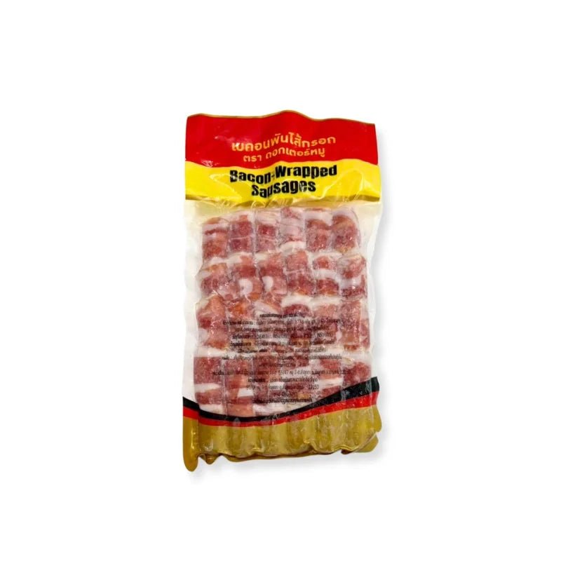 Bacon wrapped sausage, savory sausage wrapped in bacon, 500g pack isolated on white background