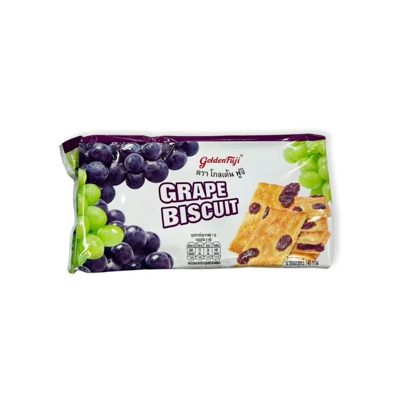 Grape topped crackers, sweet fruit-flavored biscuit snack, 140g pack isolated on white background