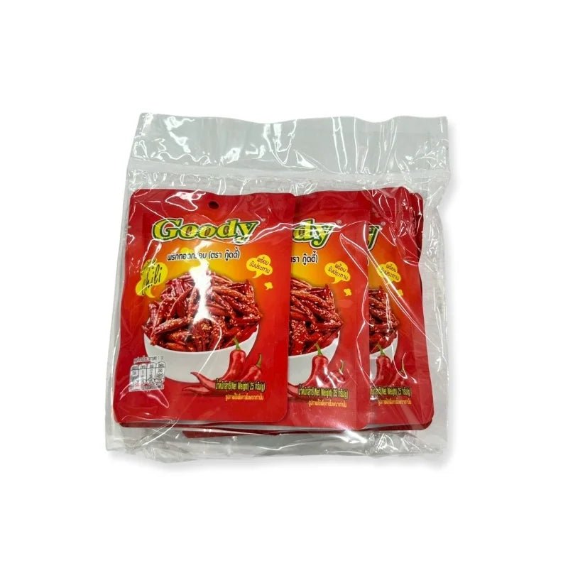 Crispy fried chili snack, spicy crunchy chili flakes, 25g x 6 packs isolated on white background