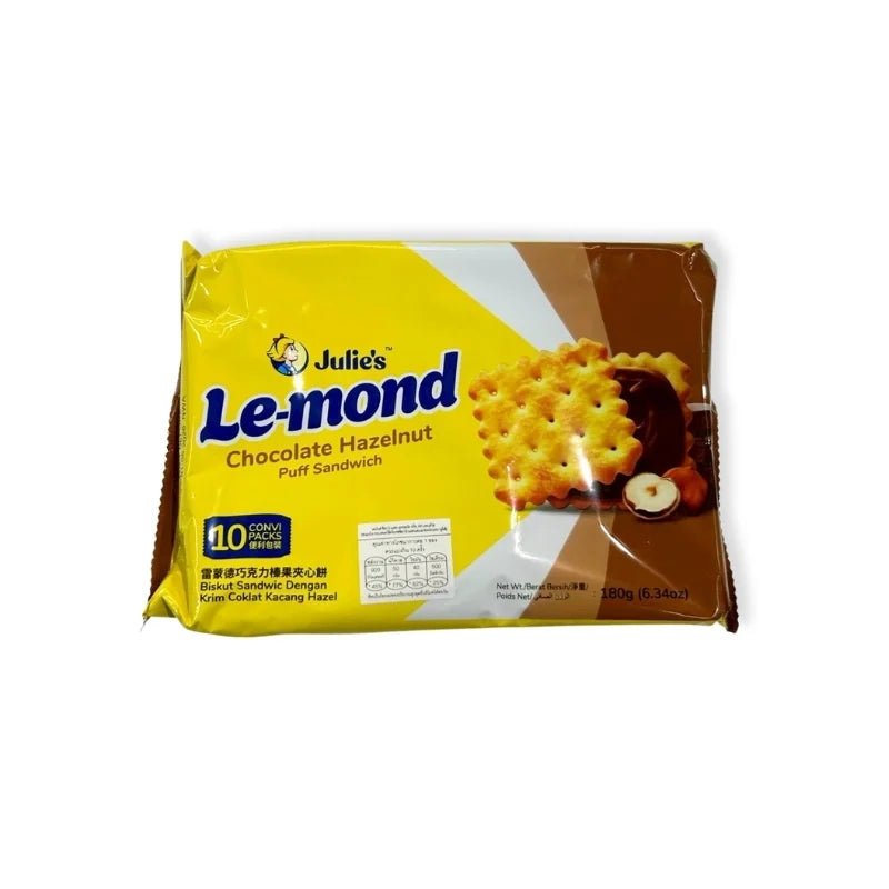 Chocolate and hazelnut cream sandwich crackers, rich sweet biscuit snack, 18g x 10 packs isolated on white background