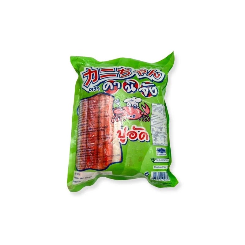 Imitation crab sticks 12cm length, seafood surimi sticks, 500g pack isolated on white background