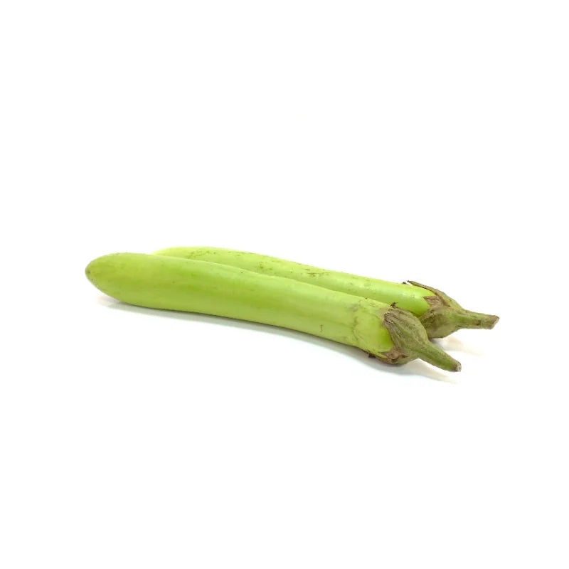 Fresh Long Green Eggplant 250g pack on white background — slender green eggplants ideal for stir-fries and curries.