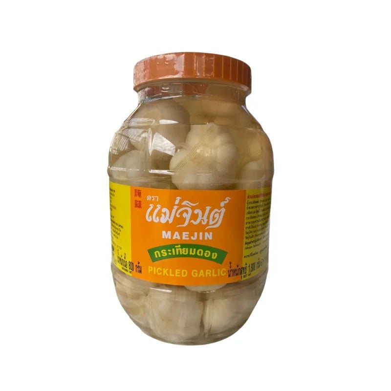Mae Jint pickled garlic jar on a white background