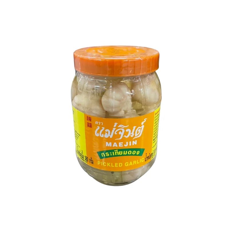 Mae Jin pickled garlic jar on a white background