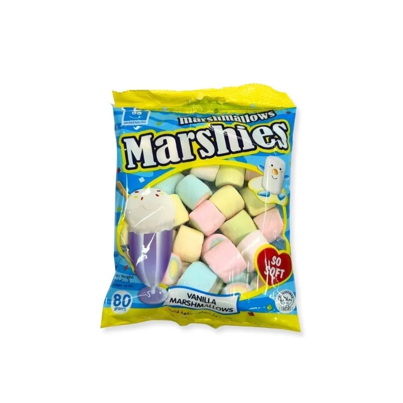 Vanilla flavored marshmallows, soft fluffy candy, 80g pack isolated on white background