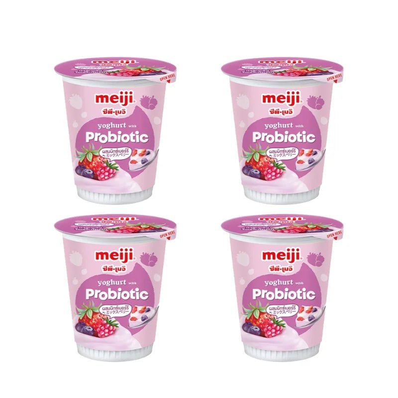 Meiji mixed berry yogurt cups, creamy fruit yogurt, 135g x 4 cups isolated on white background