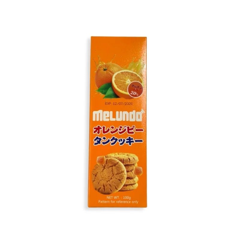 Orange-flavored cookies, citrus biscuit snack, 100g box isolated on white background