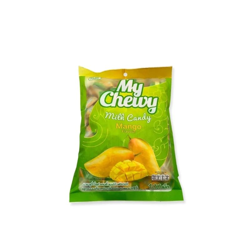 Mango milk flavored chewy candies, soft milk chews, 100 pieces per pack isolated on white background