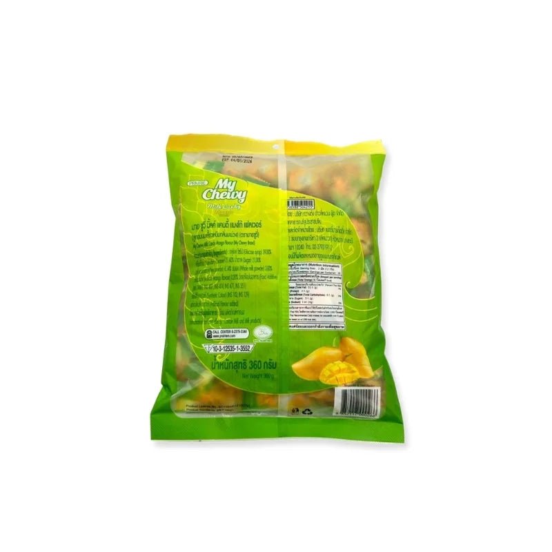Mango milk flavored chewy candies, soft milk chews, 100 pieces per pack isolated on white background