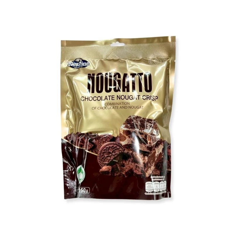 Chocolate nougat crisp, chewy nougat candy with cocoa flavor, 150g pack isolated on white background