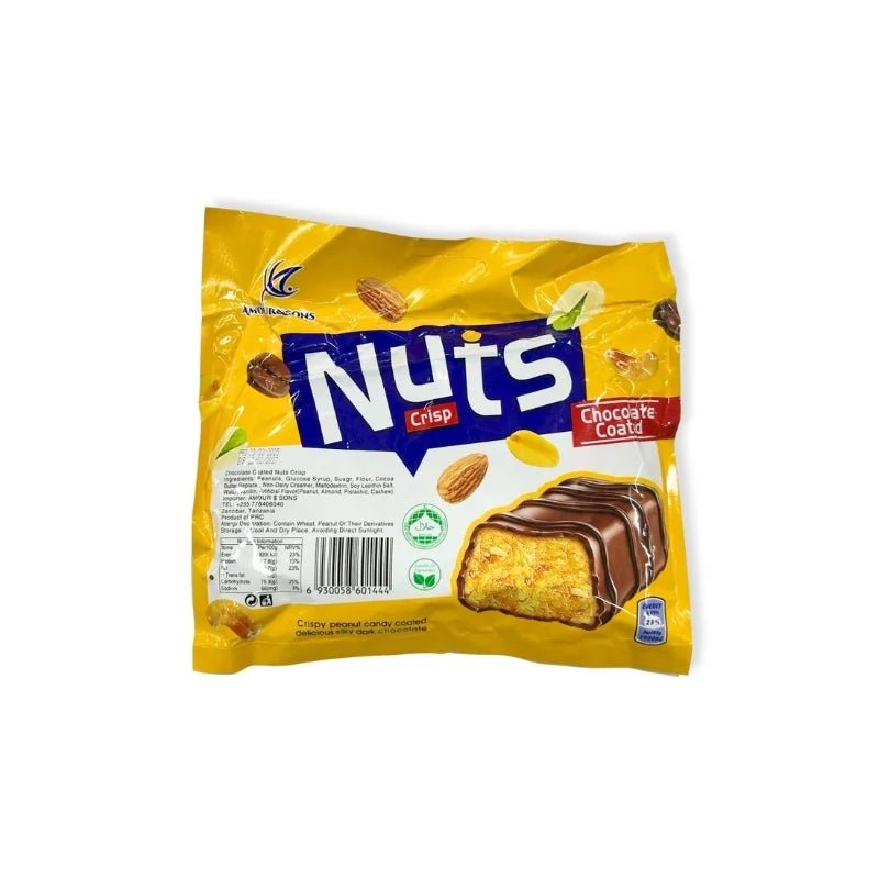 Chocolate-coated compressed nuts, crunchy sweet nut snack, 400g pack isolated on white background