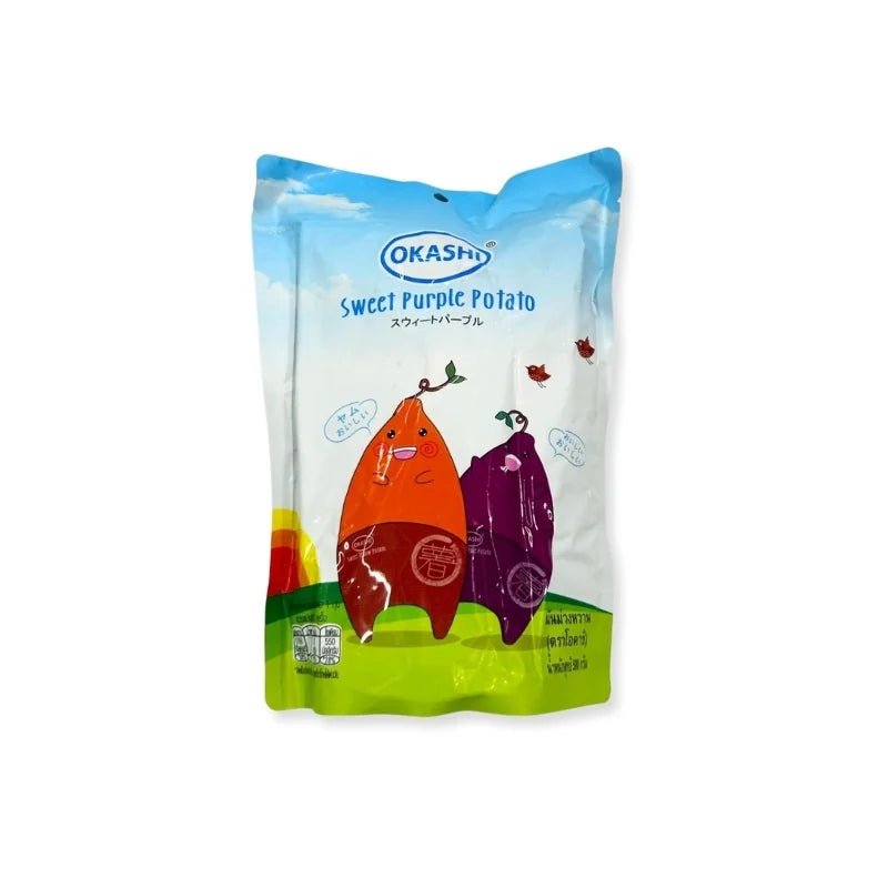 Okashi sweet purple yam chips pack on a white background