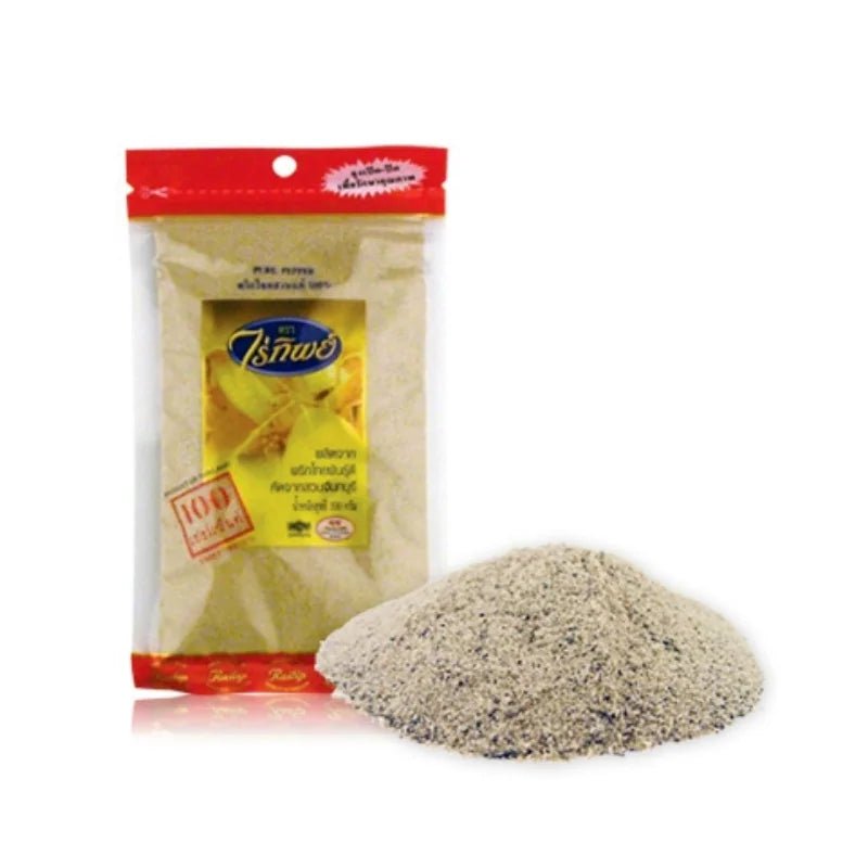 Raitip white pepper powder, finely ground aromatic spice, 100g pack isolated on white background