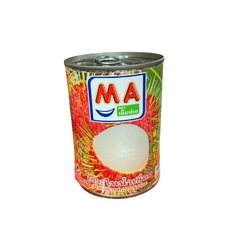 เงาะในน้ำเชื่อม ตรา MA น้ำหนักสุทธิ 515 กรัม น้ำหนักเนื้อ 206 กรัม