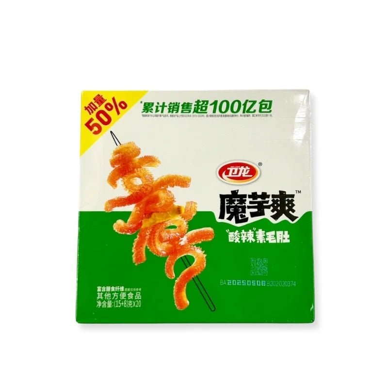 Spicy and sour crispy squid snack, crunchy seasoned squid pieces, 20 packs per box isolated on white background