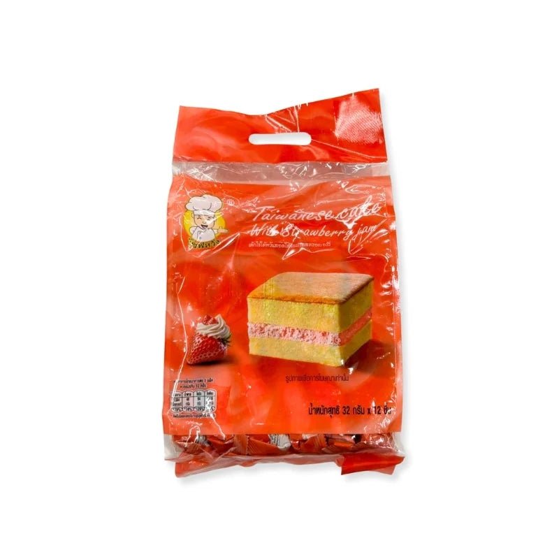 Taiwanese egg cake with strawberry jam filling, soft sponge cake snack isolated on white background