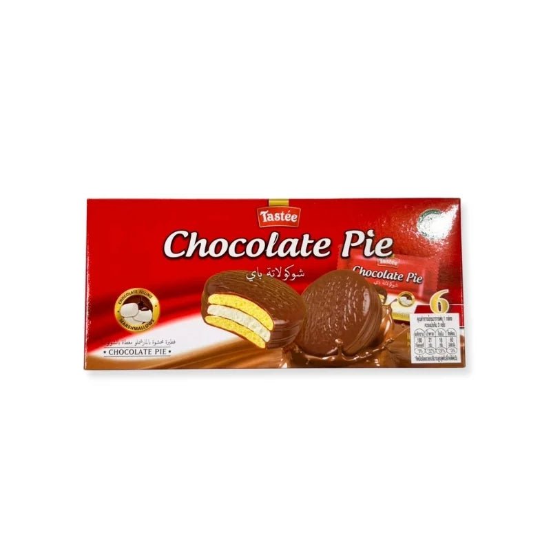 Chocolate-coated marshmallow pie snack, soft dessert cakes, 6 pieces per box isolated on white background