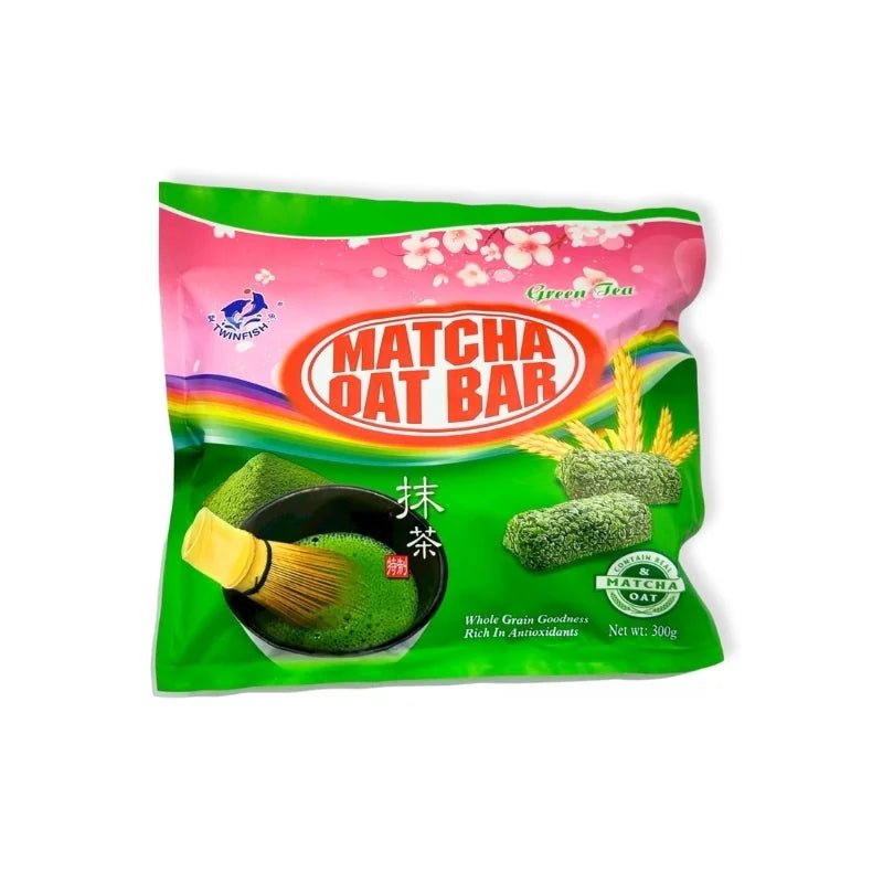 Green tea flavored oat bars, chewy cereal snack bars, 300g pack isolated on white background