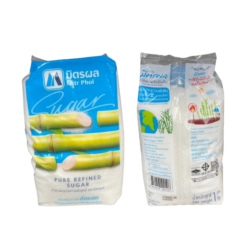 Two packs of Mitr Phol Pure Refined Sugar, each with a blue and white color scheme and depicting the product name and weight information.
