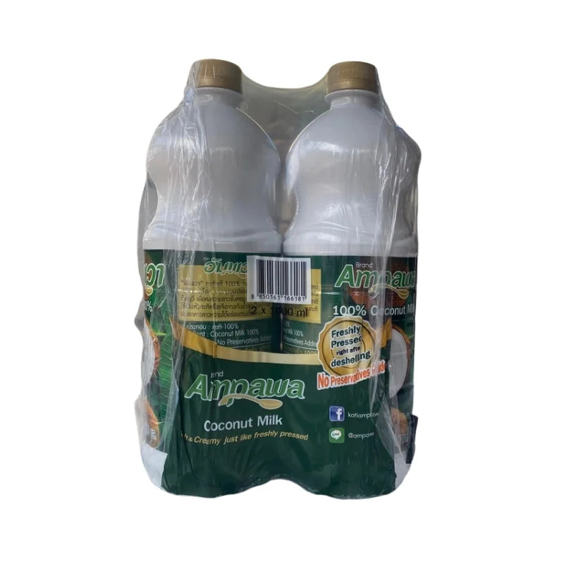Pack of Ampawa coconut milk bottles with green and white packaging.