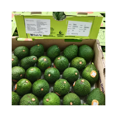 Box of avocados with a visible brand label on a white background