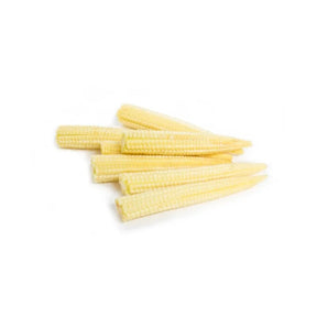 Peeled baby corn pack on a white background
