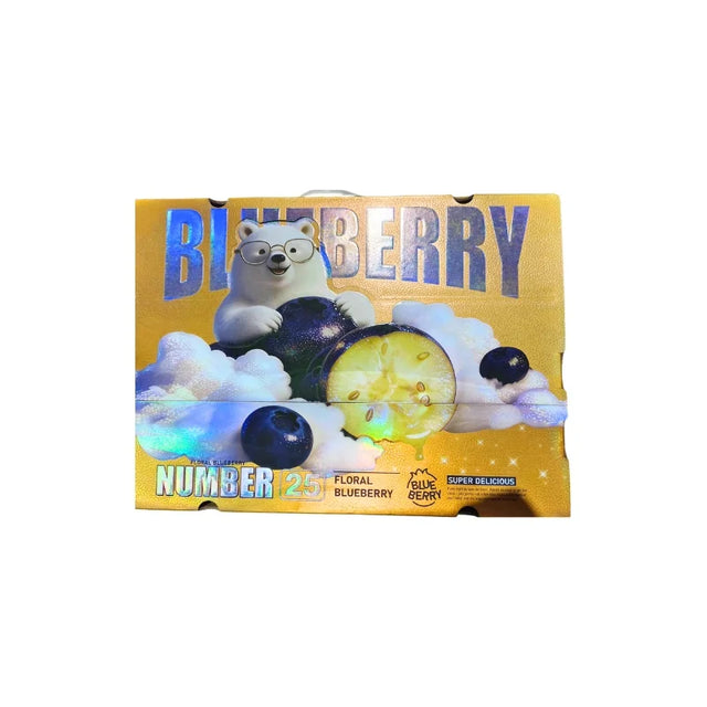 Packaged product with blueberries and a bear illustration on a yellow background
