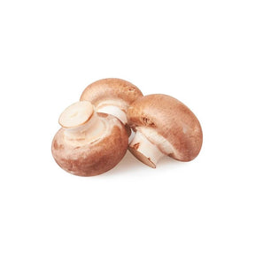 Fresh brown champignon mushrooms, firm brown button mushrooms, 250g pack isolated on white background