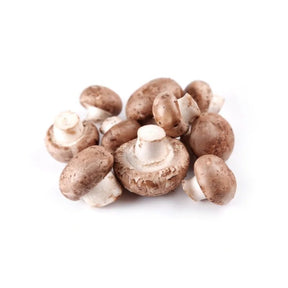 Fresh brown champignon mushrooms, firm brown button mushrooms, 500g pack isolated on white background