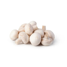 Fresh white champignon mushrooms, firm white button mushrooms, 500g pack isolated on white background