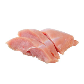 Skinless sliced chicken breast on a white background