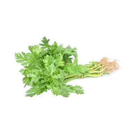 Fresh dang oh chrysanthemum greens, aromatic leafy vegetables, 100g pack isolated on white background