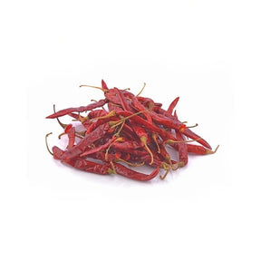 Dried chili spur peppers, whole dried red chilies, 100g pack isolated on white background