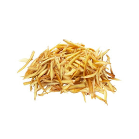 Sliced fresh fingerroot, aromatic Thai root slices, 500g pack isolated on white background