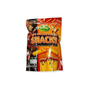 Spicy mala BBQ flavored crispy snack, crunchy seasoned bites, 80g pack isolated on white background