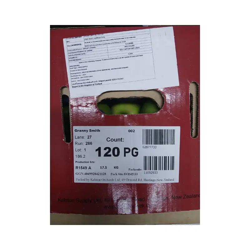 Granny Smith Apples New Zealand Kelston Brand Size 120 (17.5kg Box)