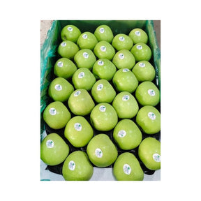 Fresh green apples from China, crisp apples packed per box isolated on white background