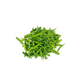 Fresh green chili spur peppers with stems removed, long hot green chilies, 500g pack isolated on white background