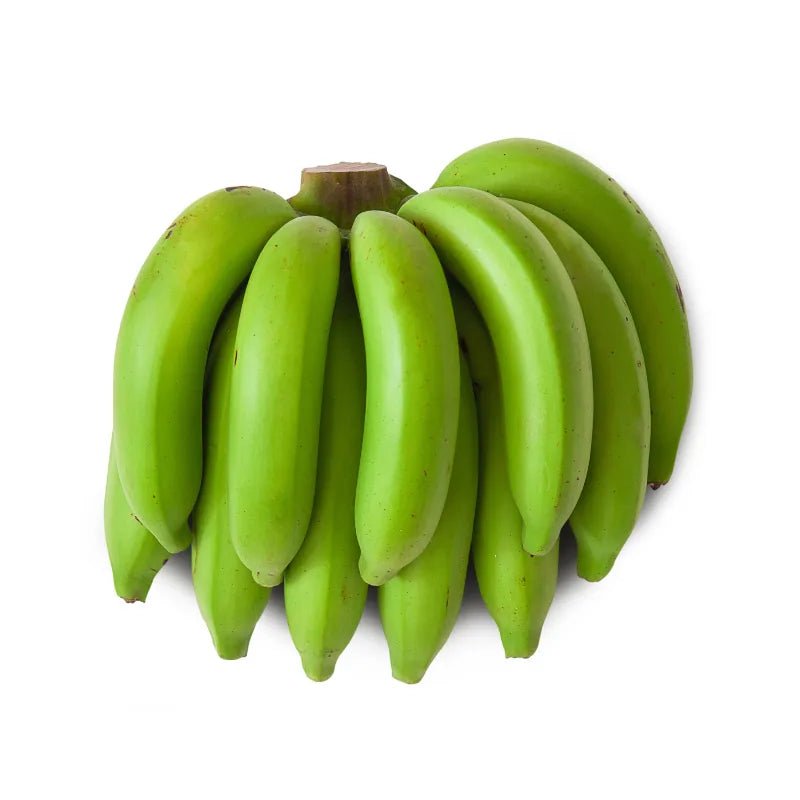 Green Cavendish banana bunch on a white background