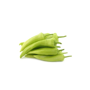 Fresh green prik num chili peppers, mild Thai green chilies, 500g pack isolated on white background