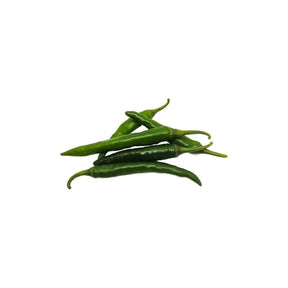 Fresh green chili spur peppers, long hot green chilies, 100g pack isolated on white background
