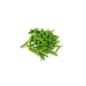 Fresh green chili spur peppers with stems removed, long hot green chilies, 100g pack isolated on white background