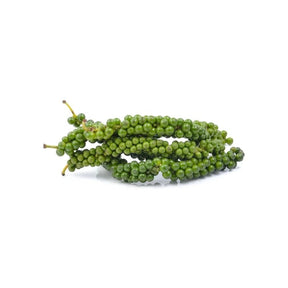 Fresh green peppercorns, aromatic pepper clusters, 250g pack isolated on white background