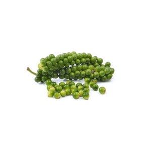 Fresh green peppercorns, aromatic pepper clusters, 500g pack isolated on white background