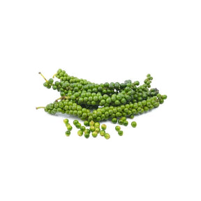 Fresh green peppercorns, aromatic pepper clusters, 50g pack isolated on white background