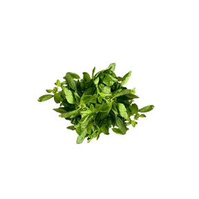 Fresh trimmed holy basil leaves, ready-to-use aromatic basil, 100g pack isolated on white background