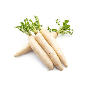 Organic Japanese radish, fresh white daikon, 400–500g pack isolated on white background