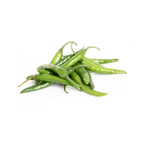 Fresh green Jinda chili peppers, hot Thai chilies, 100g pack isolated on white background