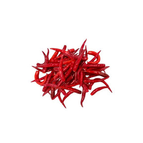 Fresh red Jinda chili peppers with stems removed, hot Thai chilies, 500g pack isolated on white background