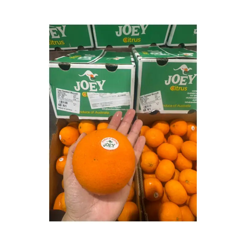 Orange held by a hand with 'JOEY' branded boxes in the background